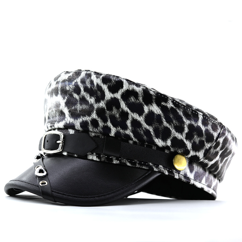 Lady Leopard-print PU Leather Bold Stud Belt Design Beret With Retro British Style Metal Fastener, Unique Edgy Girl Punk Hat, Street Style Versatile Hat