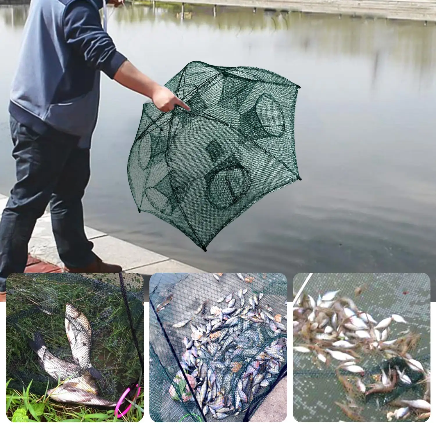 Fishing Trap Net Portable Folded Fishing Bait Trap Shrimp Minnow Crab Bait Net 6 Sides 6 Holes Crayfish Cast Mesh Trap Automatic