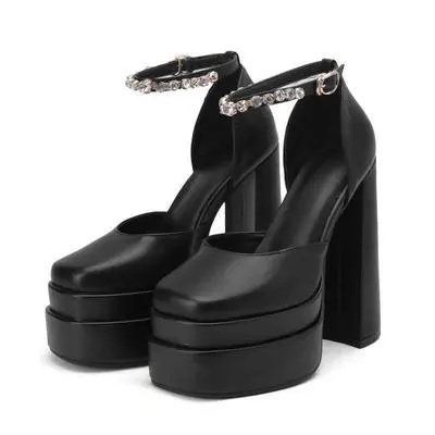 High-heeled Double-layer Water Platform Satin Square Toe Hollow Ladies Toe Sandals Sheepskin Rhinestones - Black