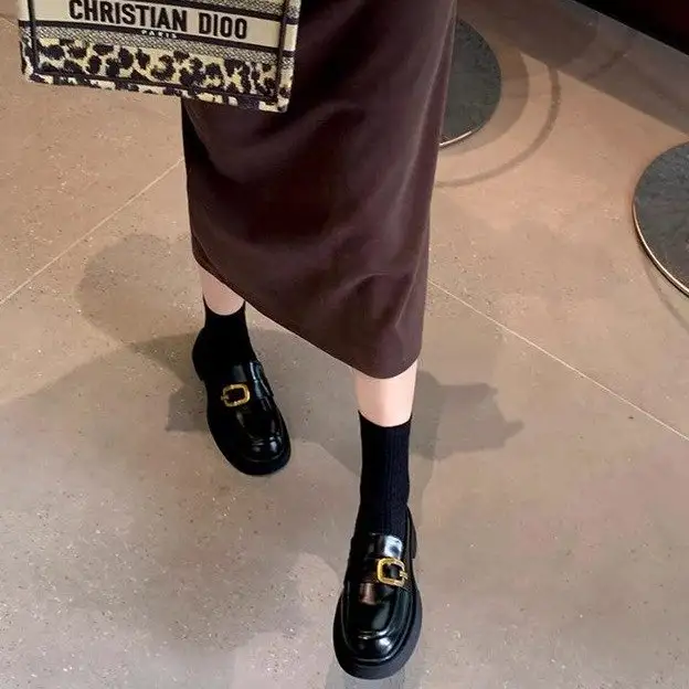 Women One Strap Square Buckle Platform Block Heel Loafers, New Slip-on Square Round Toe Leather Shoes