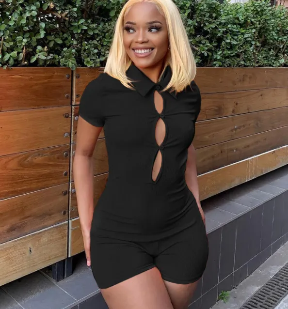 Cutout Polo Neck Sporty Shorts Black - Shop at LoveMi