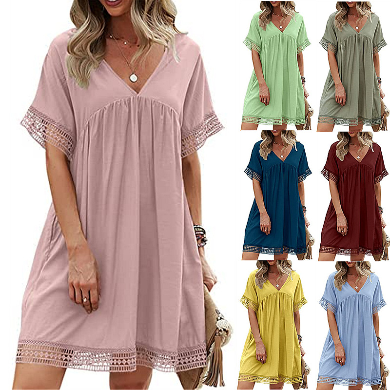 Women's Loose Mid Length V Neck Short Sleeve One Piece A-Line Skirt
