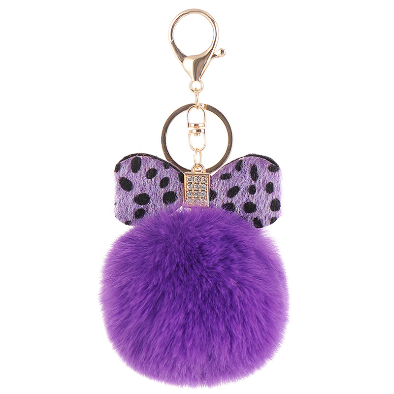 Leopard Bow Fur-Ball Schoolbag Pendant Key Chain – White