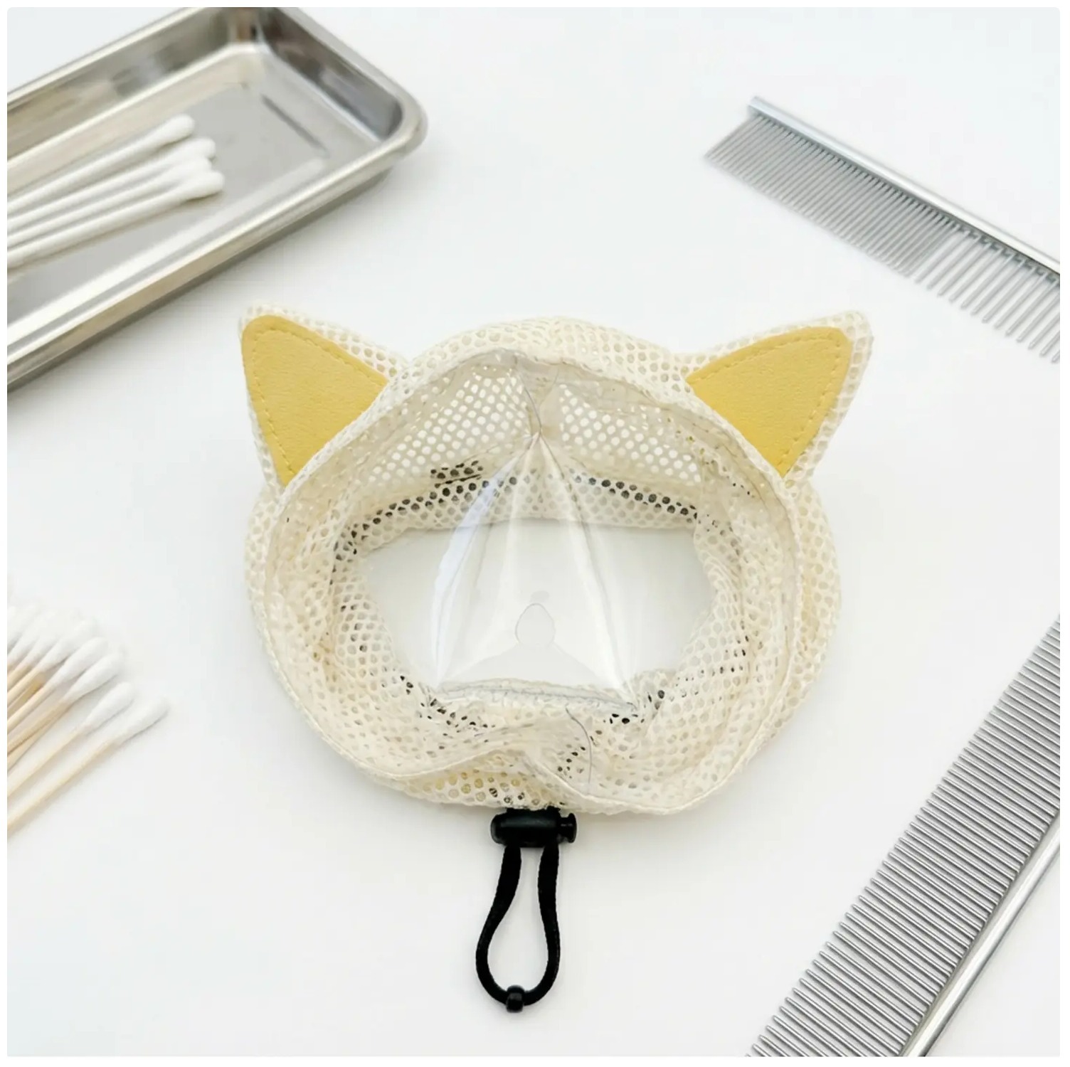 Cat Muzzle With Cute Cat Ears, Breathable Mesh Cat Hood For Grooming, Anti-Bite Anti-Scratch Cat Face Cover, Adjustable Drawstring Cat Neck Cover For Nail Trimming, Bathing & Vet Visits