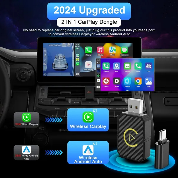 2 In 1 Wireless Apple CarPlay Adapter, For Both Apple And Android,converts Wired To Wireless, Suitable For Factory Wired CarPlay Cars From 2017