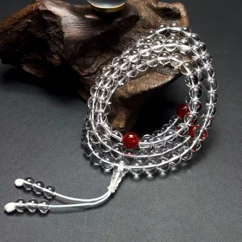 Natural Clear Quartz Bracelet 108 Mala Beads Red Agate Spacer Multi Layer Chain Unisex Zen Jewelry