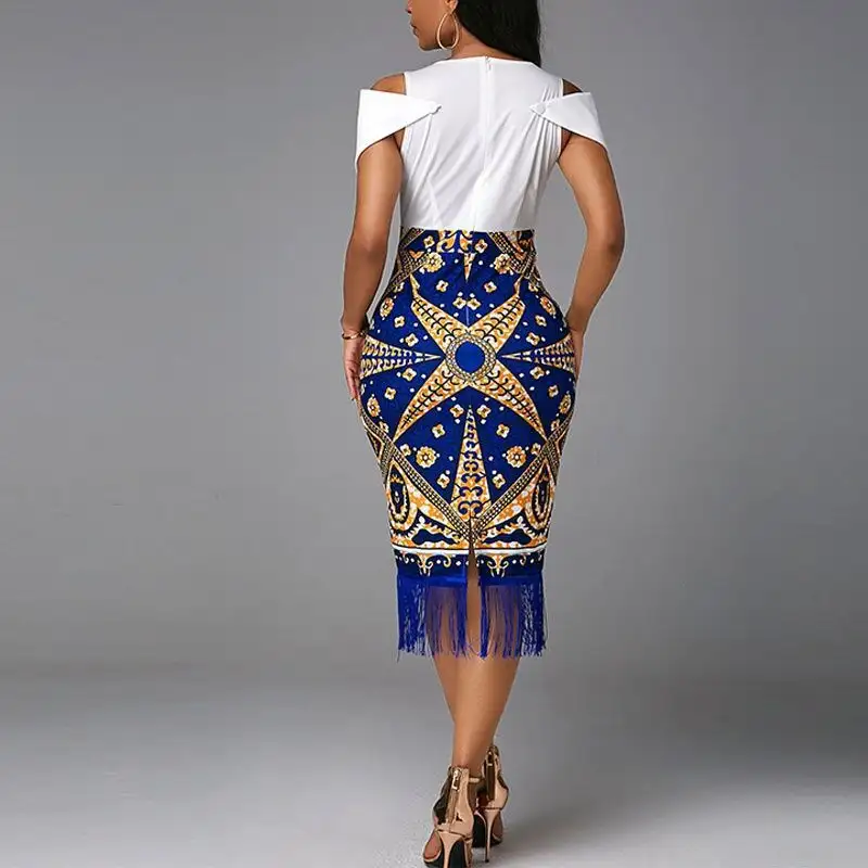 European And American Retro Print Stitching Fringed Dress