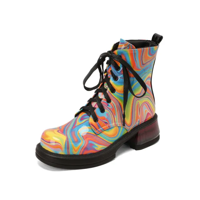 Bright Patent Leather Water Color Round Toe Thick Heel Martin Boots Punk Style Iridescence Lace Up Autumn Women's Ankle BootsWomen Short Boots Pate... Watercolor-41 - Shop at LoveMi