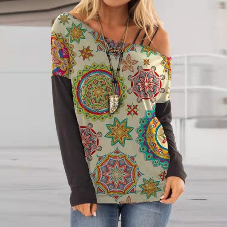 Sexy Leaky Shoulder Printed Long Sleeve T-Shirt Women