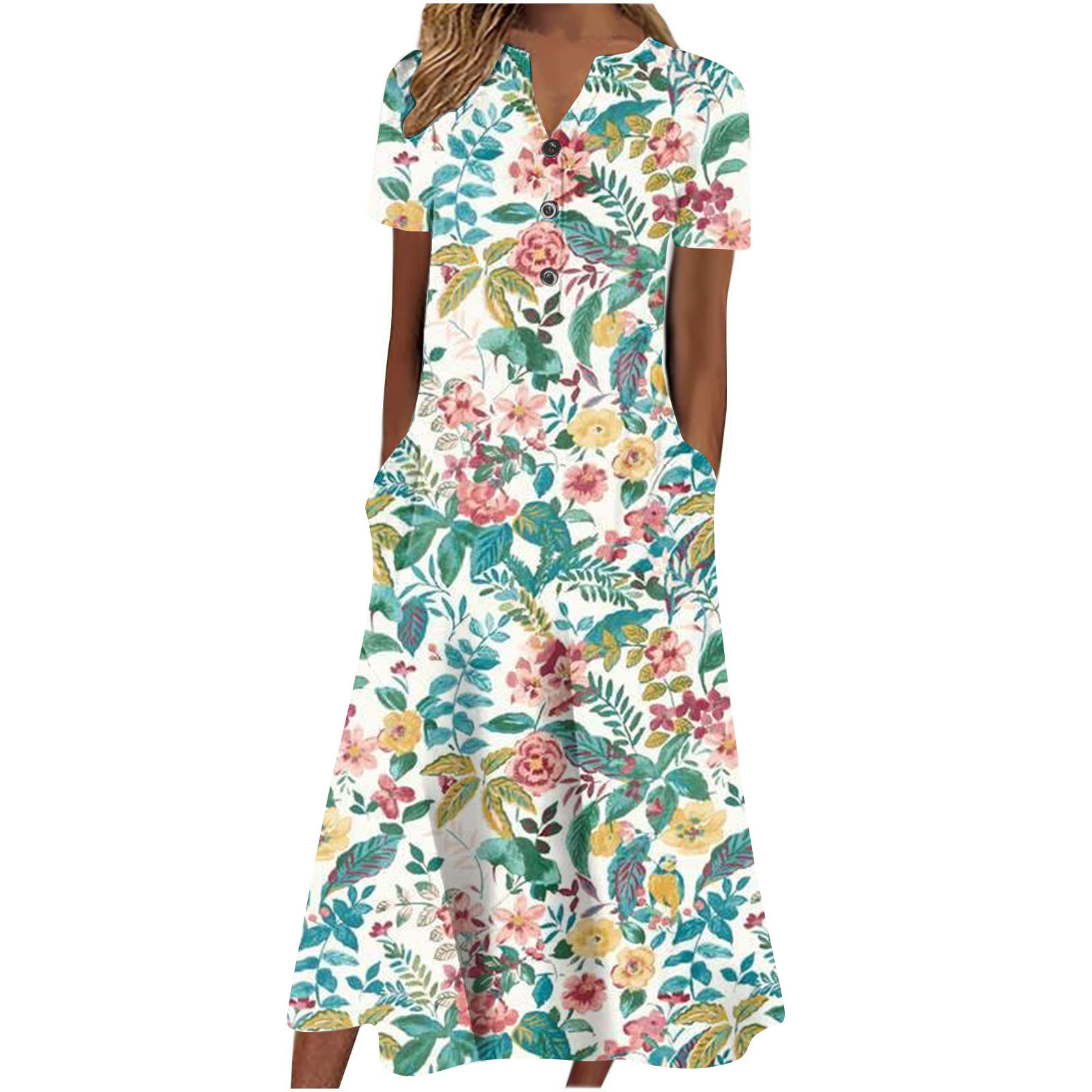 Damen Sommer Freizeit Kurzarm Lange Midi Uni Kleider mit Taschen - Bild 9 von 13
