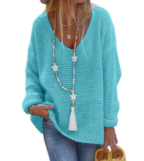 V neck Long Sleeve Knit Top Blue - Shop at LoveMi