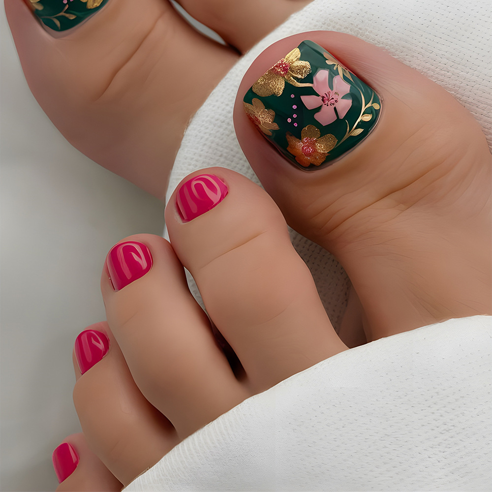 24 Pieces Of Short Square-shaped Gold-plated Floral Pressed-style Pink Nail Art Acrylic Stickers For Toes, Including 1 Piece Of Jelly Glue And 1 Nail 