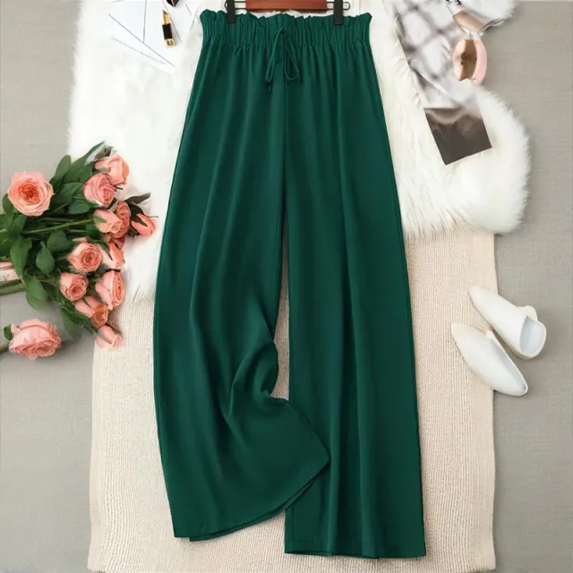 Plus Size Women's Solid Color Wide Leg Pants With Elastic Drawstring Waist Flowy Casual For Spring&Summer Green - Shop at LoveMi