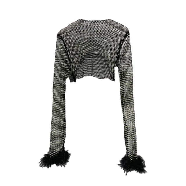 Flash Diamond Hollowed out Feather Long sleeved Fishing Net Top Black - Shop at LoveMi