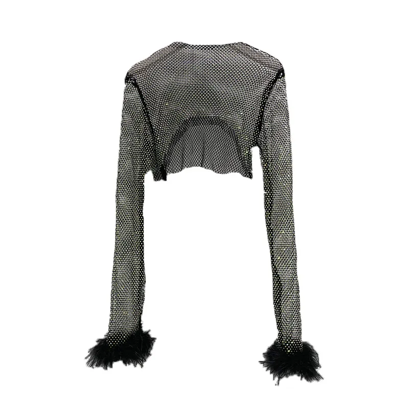 Flash Diamond Hollowed-out Feather Long-sleeved Fishing Net Top - Black