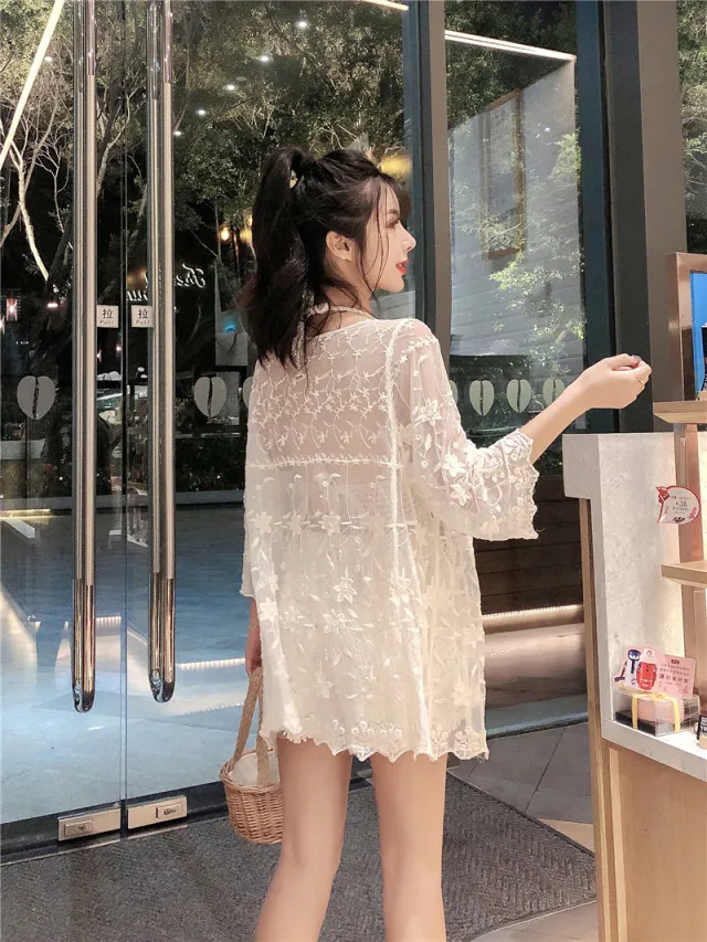 Hot Spring Vacation Beach Embroidery Hollow Swimsuit Cardigan One Size - Shop at LoveMi