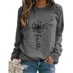 Women's Top Dandelion Print Round Neck Long-sleeved Loose Sweater Women - Grey - View 1