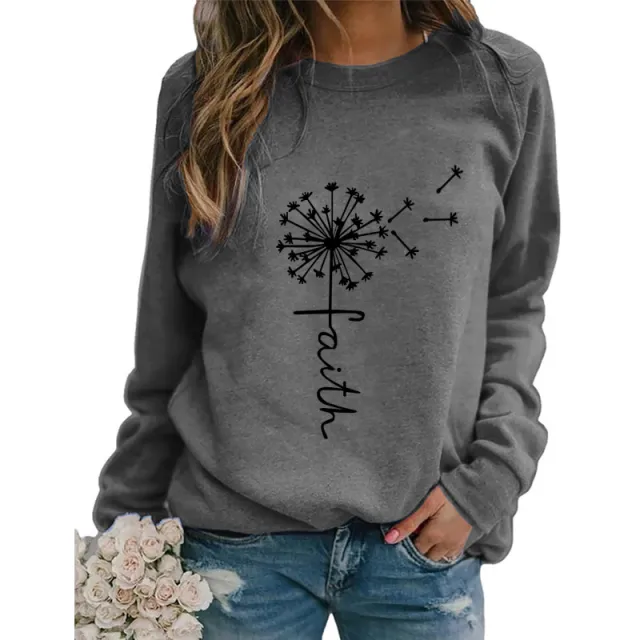 Women's Top Dandelion Print Round Neck Long sleeved Loose Sweater Women Grey - Shop at LoveMi