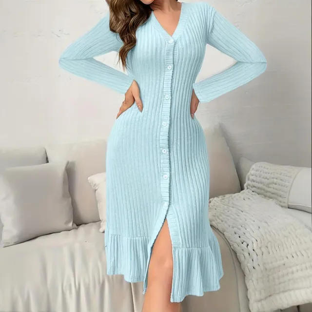 Women's V Neck Bodycon Midi Dress Spring Fall Long Sleeve Button Down Elegant Dress Blue - Shop at LoveMi