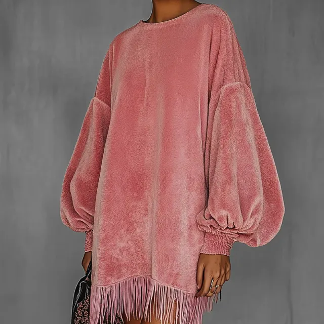 Women's Fringe Hem Mini Dress, Drop Shoulder Long Sleeve Casual Short Dress Pink - Shop at LoveMi