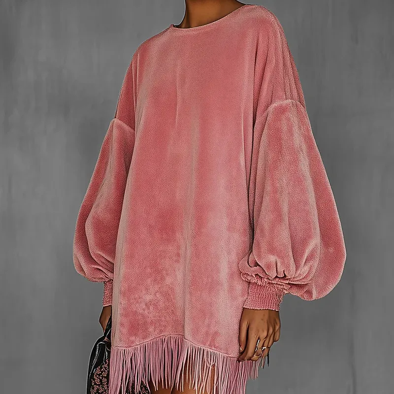 Women's Fringe Hem Mini Dress, Drop Shoulder Long Sleeve Casual Short Dress - Pink