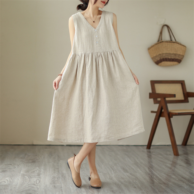 Japanese Cotton Linen V-neck Sleeveless Dress Women.