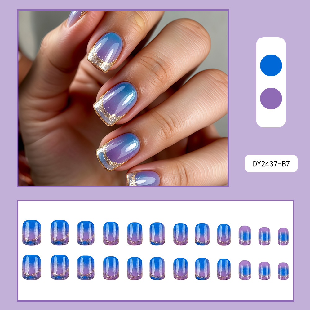 24 Pieces Of Short Square Press-on Nail Purple Gradient Acrylic Nail Stickers With Glitter For French-style Nail Wear, Including 1 Piece Of Jelly Glue And 1 Nail File, Nail Accessories