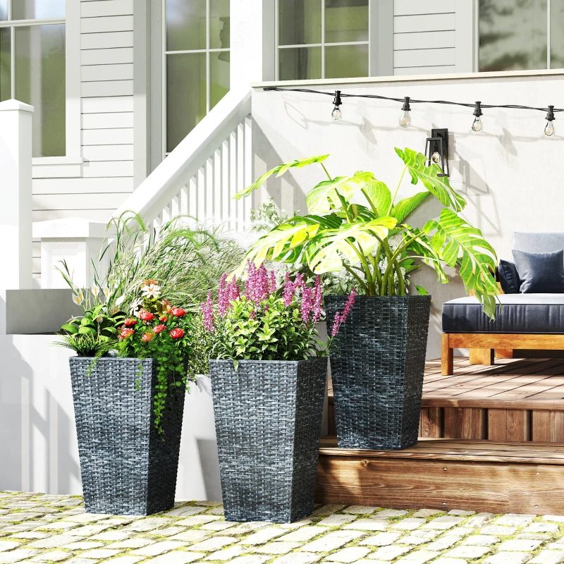 Tall Planters For Outdoor Plants Set Of 3, 24 In Taper Planters With Drainage Holes, Rattan Decor Plant Pots For Indoor Outdoor Front Porch Patio Backyard,