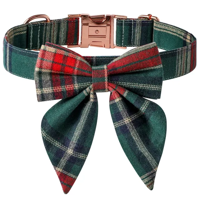 Christmas Dog Collar Rose Gold Buckle Green Plaid Swallowtail Butter - Shop at LoveMi