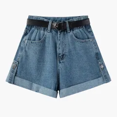 Women's High Waist Curly Denim Shorts - Blue - View 1