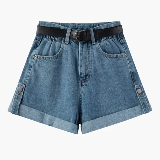 Women's High Waist Curly Denim Shorts Blue - Shop at LoveMi