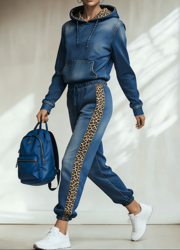 Leopard Print Patchwork Hooded Sweatshirt Set Blue - Shop at LoveMi
