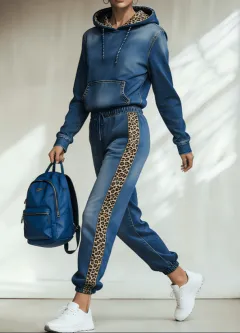 Leopard Print Patchwork Hooded Sweatshirt Set - Blue - View 1