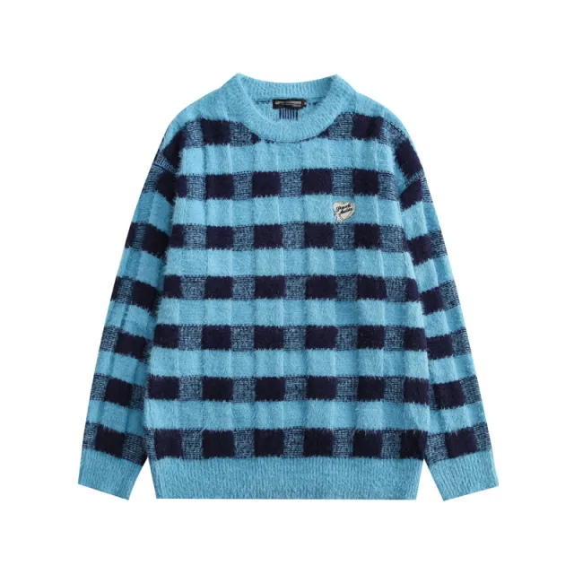 Couple Mink Fur Check Color Blocking Round Neck Sweater Blue - Shop at LoveMi