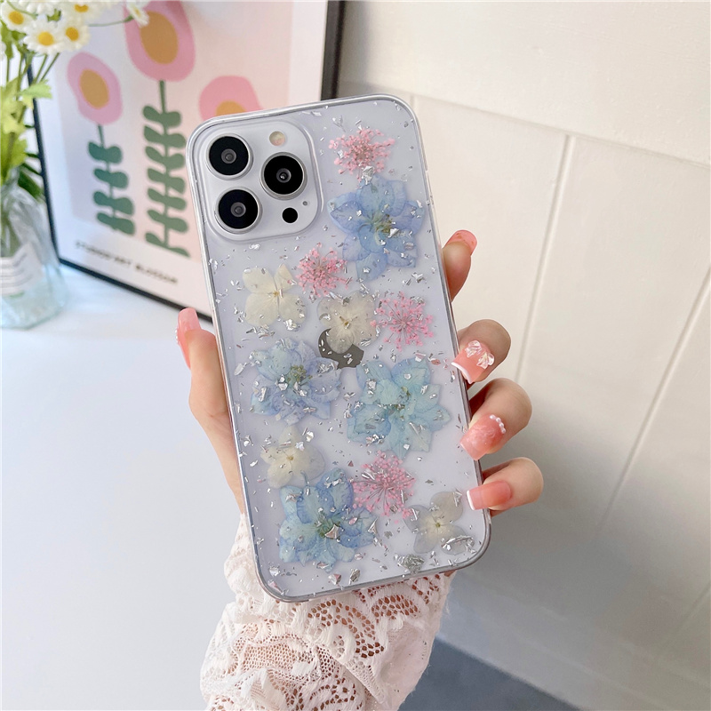 Creative Transparent Silver Foil Epoxy Dry Flower Phone Case