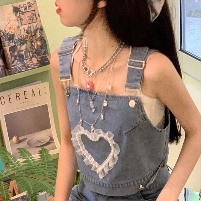 Sweet Denim Sling Top High Waist A-line Skirt Two-piece Suit