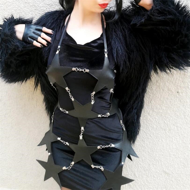 Holographic PU leather five pointed star dress Black - Shop at LoveMi