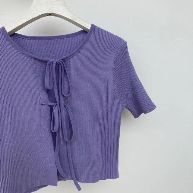 Women's Lace up Check Knit Short Crop Top Purple Strap Outside - Shop at LoveMi