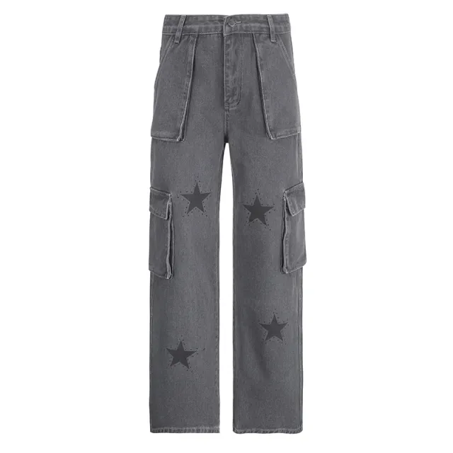 Street Vintage Low Rise Denim Work Trousers Stars Grey - Shop at LoveMi