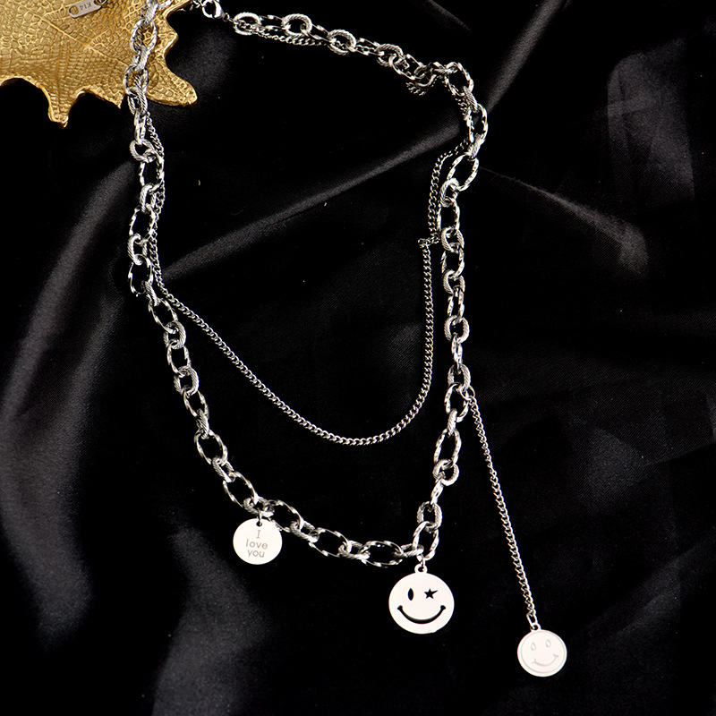 Titanium Steel Round Brand Smiley Face Double-layer Clavicle Chain Women