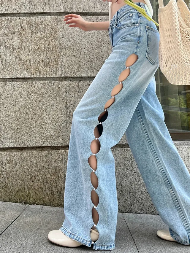 Blue Pearl Hollow Wide leg Jeans Female Summer Blue - Shop at LoveMi