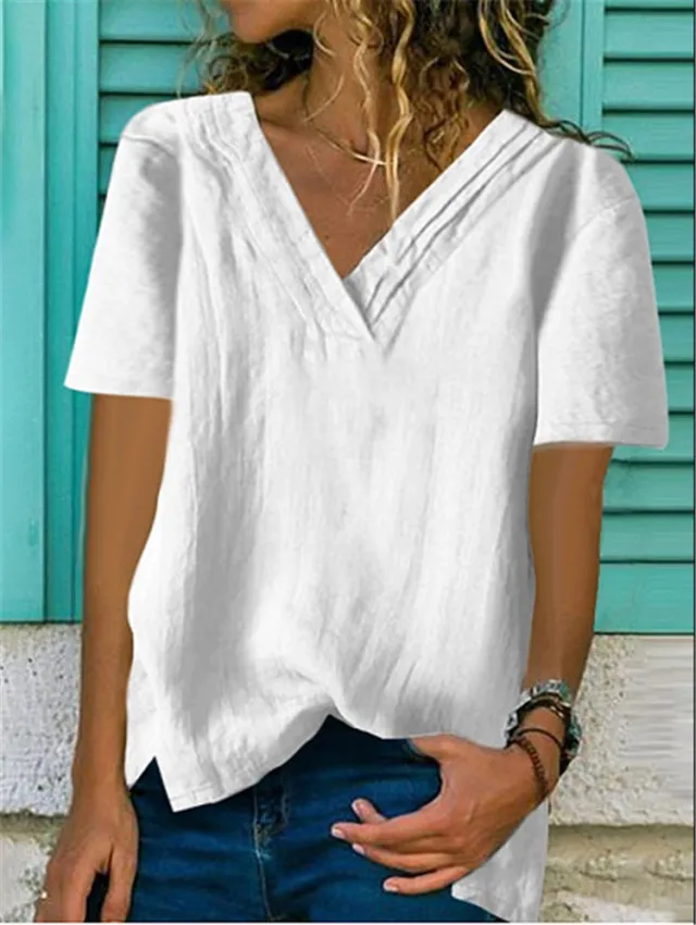 Large V neck Hem Bifurcated Short sleeved Cotton And Linen Layers White - Shop at LoveMi