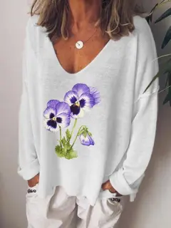Fashion V-Neck Print Loose Long Sleeve T-Shirt - J-Xl - View 1