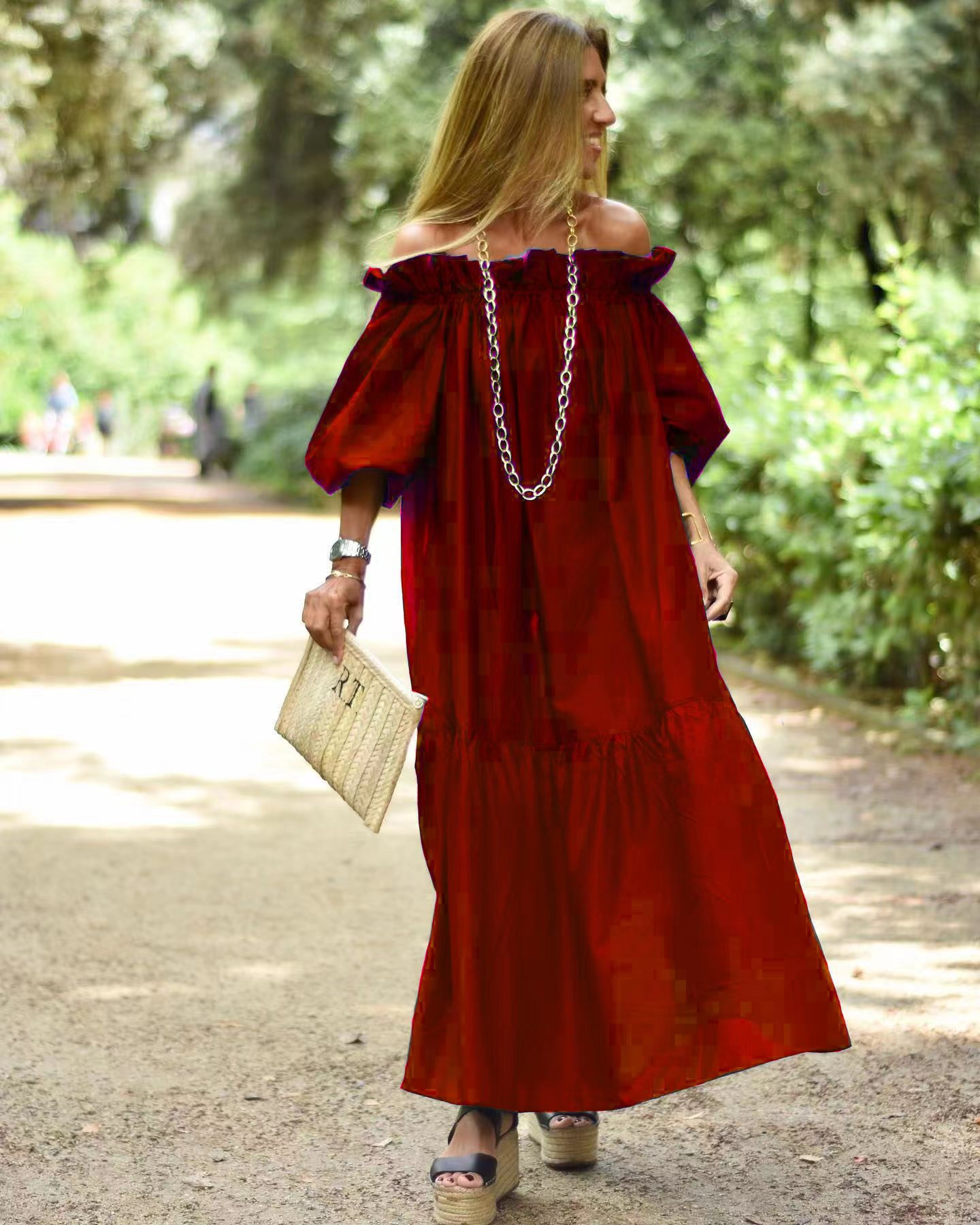 Women's Off Shoulder Bubble Sleeve Long Dress