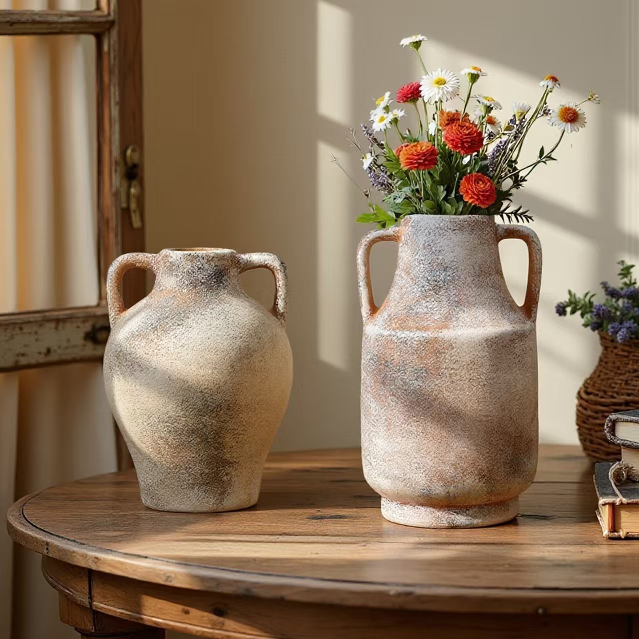 Vintage Ceramic Flower Vase With Handle, Decorative Bottle For Home Decoration, Indoor Ornament And Floral Arrangement Prop