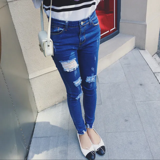 Korean Style Baita Slim Fit Slimming Holes Tappered Pencil Pants Women's Clothing Blue - Shop at LoveMi