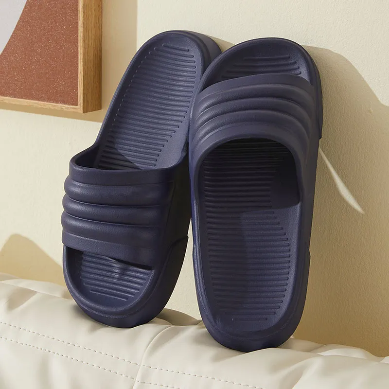 Pure Color Striped Minimalist Comfortable Couple Home Slippers Flip Flops - Blue