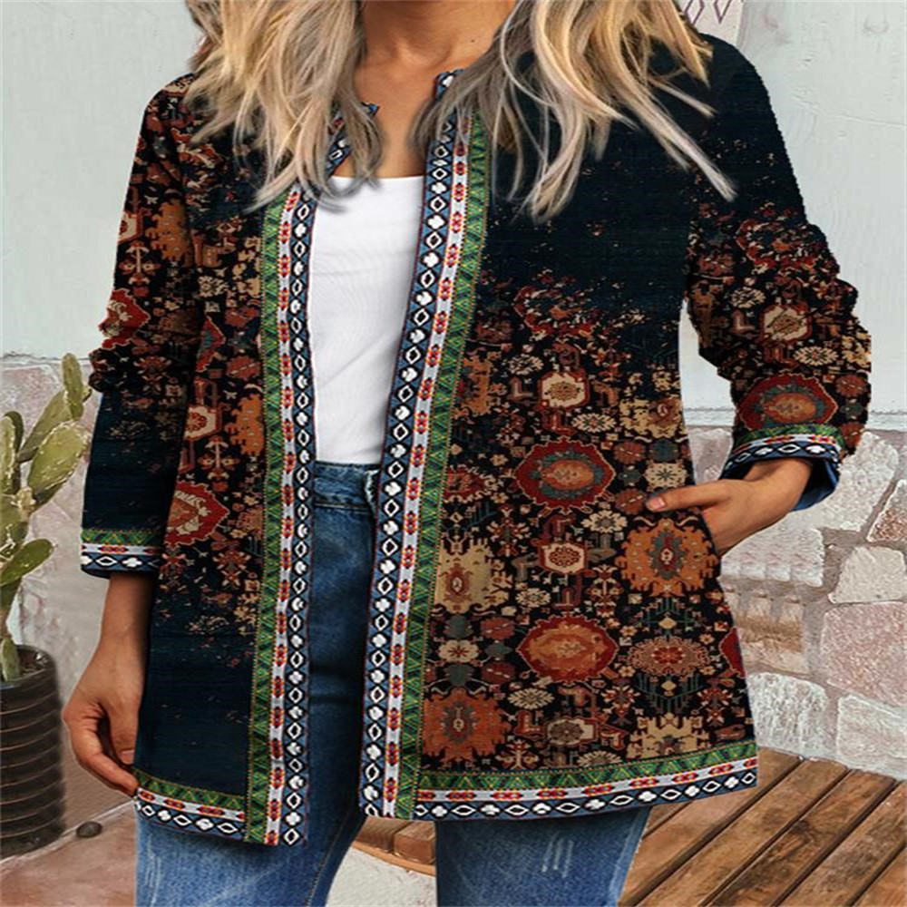 New Vintage Ethnic Printed Long Sleeve Coat For Women