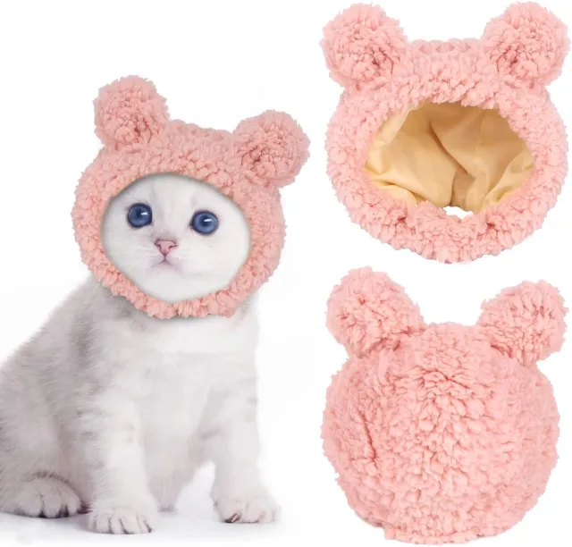 Cute Cat Costume Bear Hat For Cat Warm Soft Small Pet Headwear Pink - Shop at LoveMi