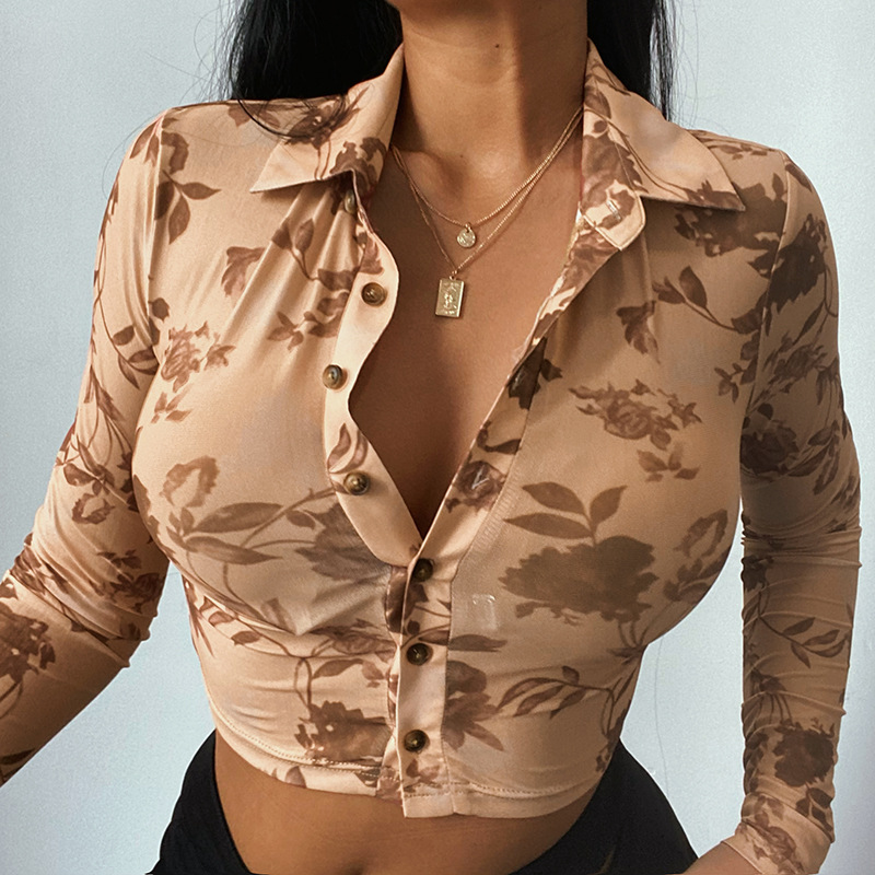 Title 6, Printed Sexy See-through Long-sleeved Top Shirt